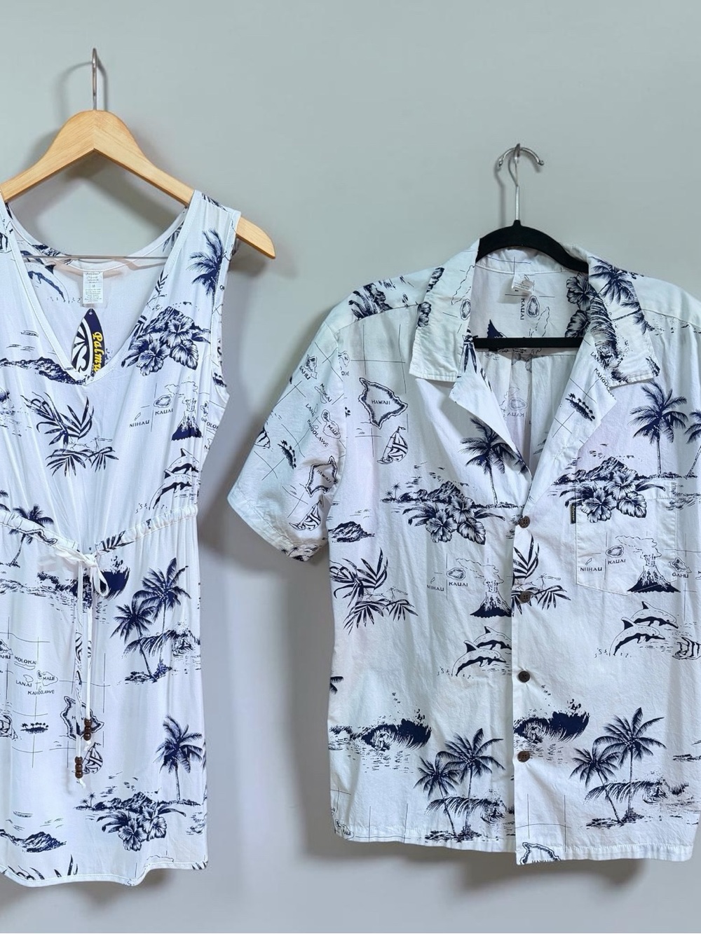 Palmwave Matching Hawaiian Couple Set Dress M Shirt LG Blue White Aloha Hawaii